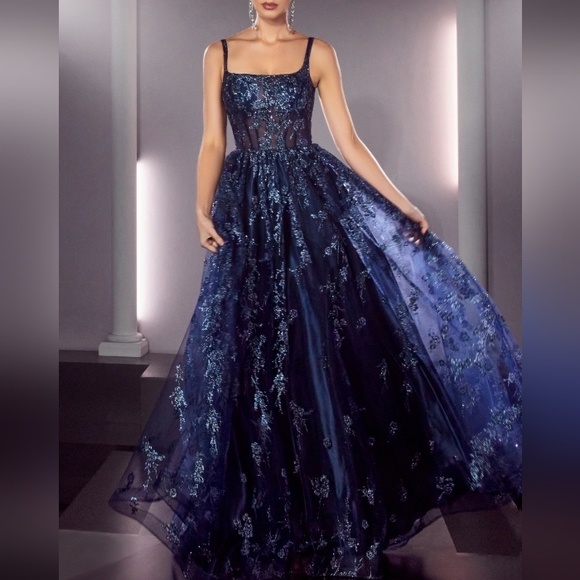 ,rose gold, glitter long corset style a line gown - Picture 1 of 9